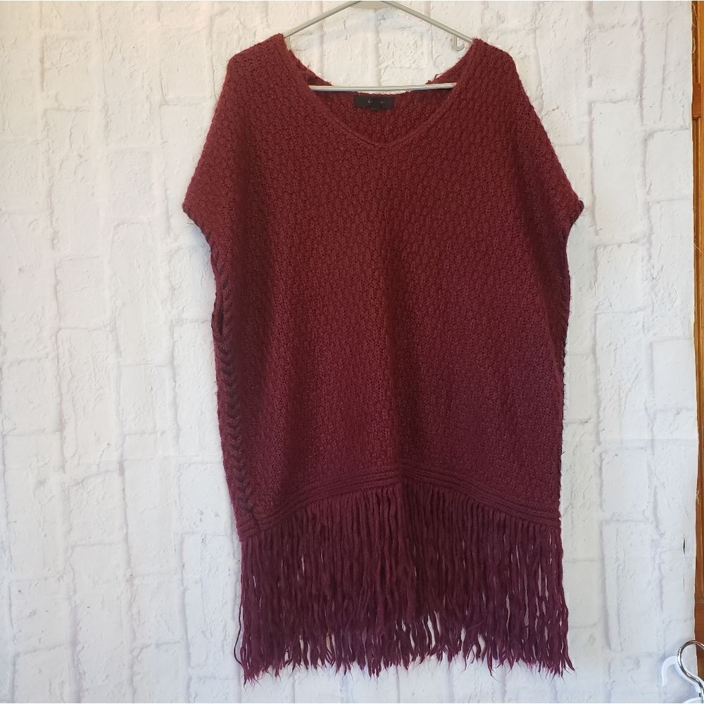 LOVE TREE Cranberry Fringe Poncho Sweater
